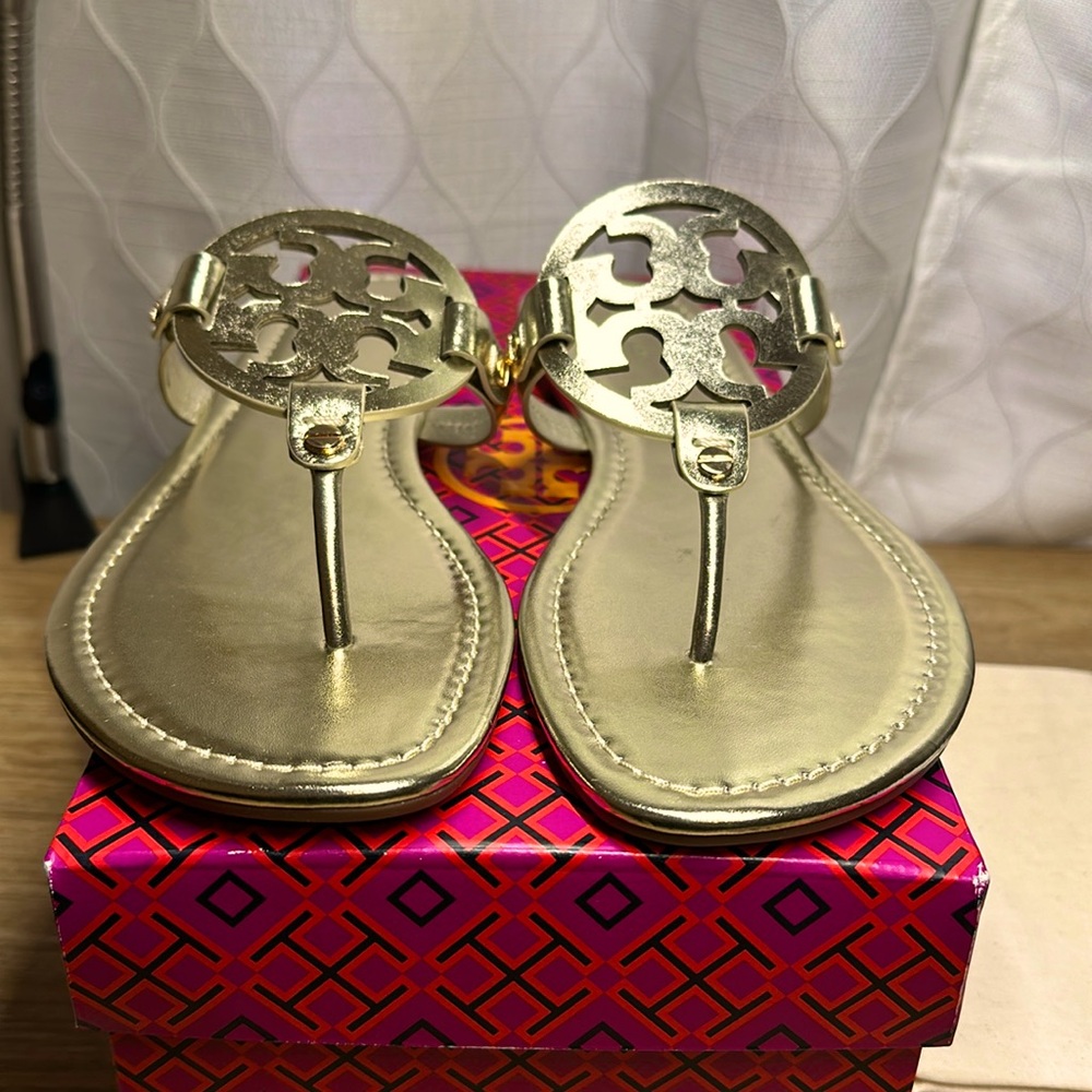 New Tory Burch Miller Sandals Miller Metallic Leather Gold NIB Womens Size #7